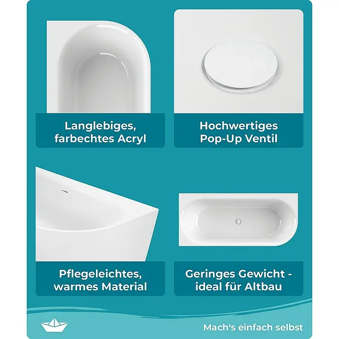 Calmwaters Freistehende Badewanne Seamless Comfort - Sanitäracryl, Weiß - Produktmerkmale: Langlebiges, farbechtes Acryl, hochwertiges Pop-Up Ventil, pflegeleichtes, warmes Material und geringes Gewicht - ideal für Altbau.