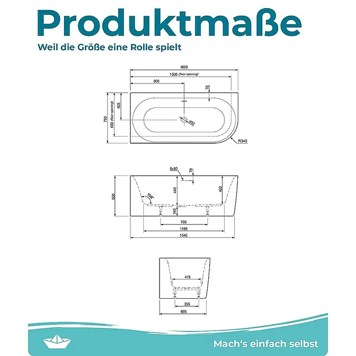 Calmwaters Freistehende Badewanne Seamless Comfort - Sanitäracryl, Weiß - Produktmaße des Bades. Die Zeichnung zeigt die Abmessungen der Badewanne in Länge, Breite und Höhe für die Installation.