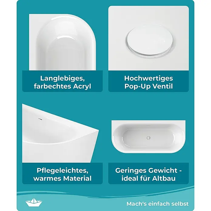 Calmwaters Freistehende Badewanne Seamless Comfort - L x B: 180 x 80 cm, Sanitäracryl, Weiß - Produktbild einer Badewanne aus langlebigem, farbechtem Acryl mit hochwertigem Pop-Up Ventil, pflegeleichtem und warmem Material.
