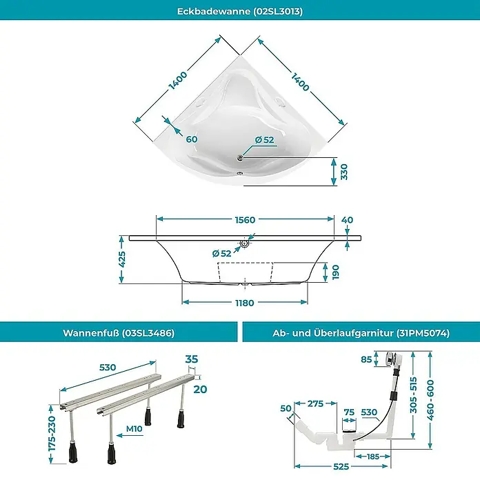 Calmwaters Eckbadewanne Original - Sanitäracryl, Weiß - Eckbadewanne (02SL3013) mit Wannenfuß (03SL3486) und Ab- und Überlaufgarnitur (31PM5074) mit Maßen.