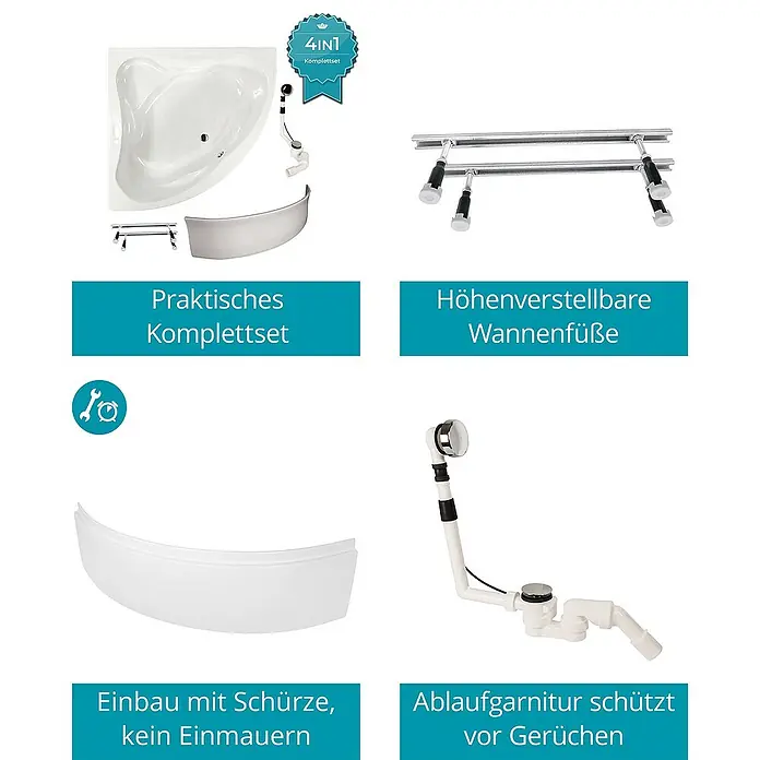 Calmwaters Eckbadewanne Original - Sanitäracryl, Weiß - Komplettes 4-in-1 Badewannen-Set mit Eckbadewanne, höhenverstellbaren Füßen, Ablaufgarnitur und Schürze für einfache Installation.