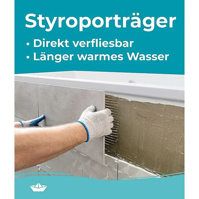 Calmwaters Badewanne Modern Square 2 - Sanitäracryl, Weiß - Das Bild zeigt einen Styroporträger, der direkt verfliesbar ist und für längeres warmes Wasser sorgt, ideal für Badezimmerrenovierungen.