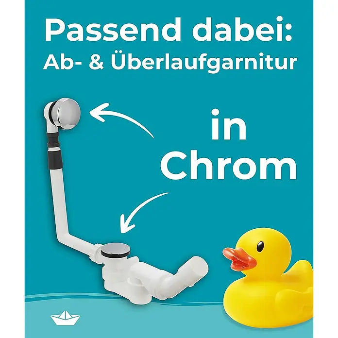 Calmwaters Badewanne Modern Square 2 - Sanitäracryl, Weiß - Ab- und Überlaufgarnitur in Chrom-Ausführung, passend für Badewannen und Waschbecken, neben einer gelben Gummiente.
