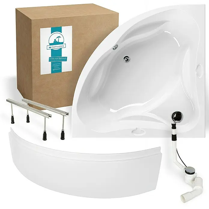 Calmwaters Eckbadewanne Original - Sanitäracryl, Weiß - Eckbadewanne mit Zubehör wie Ablaufgarnitur, Füßen und Schürze. Die Badewanne ist verpackt und versandbereit.