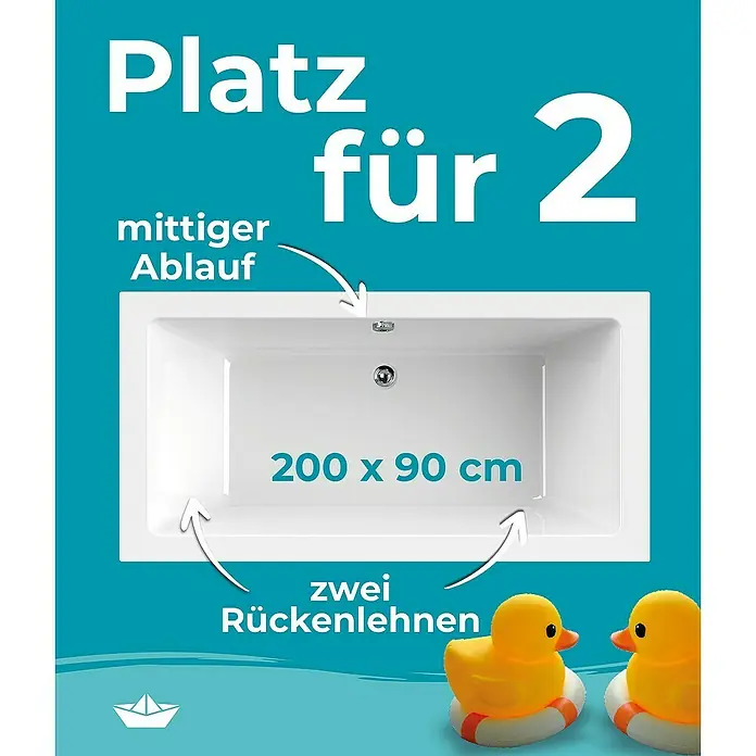 Calmwaters Badewanne Modern Square 2 - Sanitäracryl, Weiß - Badewannen-Werbung mit den Maßen 200 x 90 cm, mit Platz für zwei und zwei Rücklehnen.