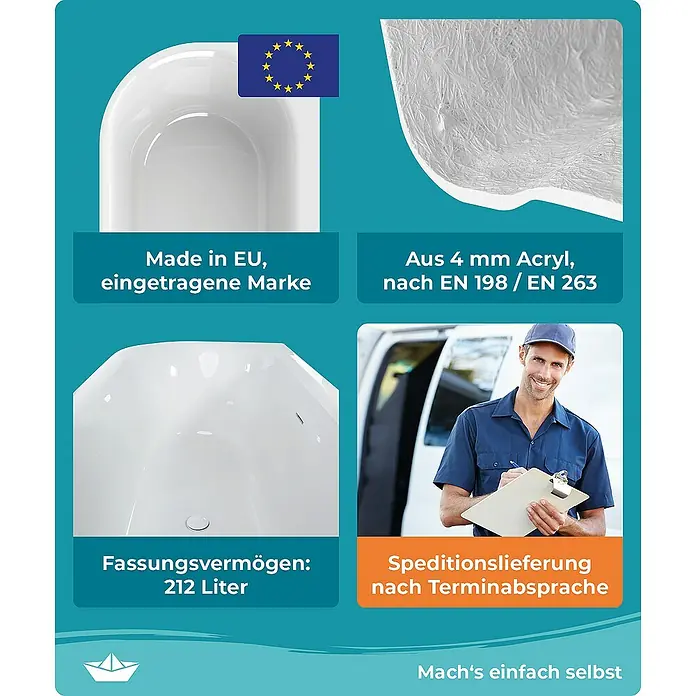Calmwaters Freistehende Badewanne Seamless Comfort - Sanitäracryl, Weiß - Produktdetails: Hergestellt in der EU, 4 mm Acryl nach EN 198/EN 263, Fassungsvermögen 212 Liter, Speditionslieferung nach Terminabsprache.