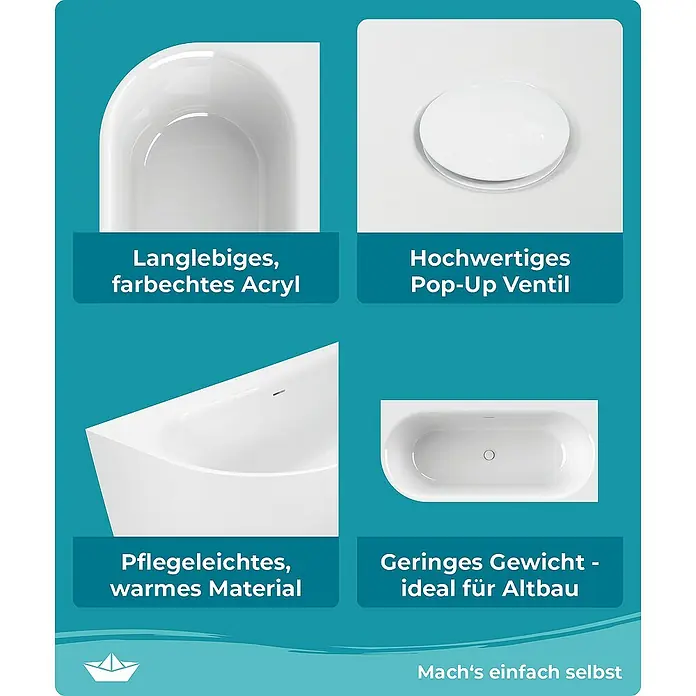 Calmwaters Freistehende Badewanne Seamless Comfort - Sanitäracryl, Weiß - Verschiedene Ansichten einer Badewanne, die ihre Acryloberfläche, das Pop-Up-Ventil und das geringe Gewicht hervorheben.