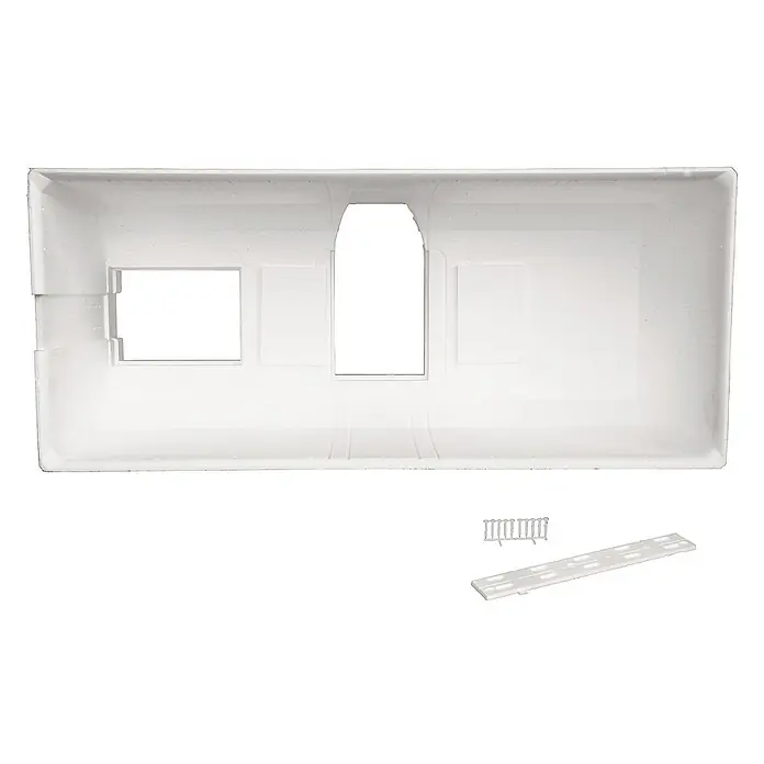Calmwaters Badewanne Modern Square 2 - Sanitäracryl, Weiß - Ansicht eines weißen Modellbahn-Rohbau-Kits mit Aussparungen für Fenster und Türen, inklusive Zubehör für den Zusammenbau.