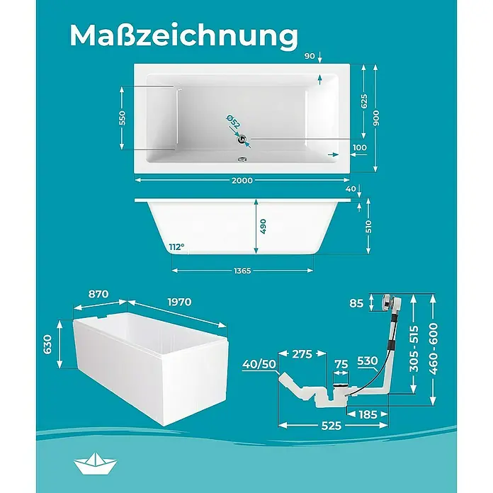 Calmwaters Badewanne Modern Square 2 - Sanitäracryl, Weiß - Maßzeichnung einer rechteckigen Badewanne mit allen Maßen wie Länge, Breite, Höhe und Durchmesser der Ablaufgarnitur.