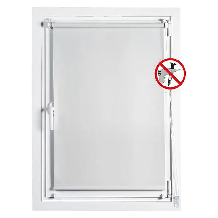 Estor enrollable Clip&Fix - An x Al: 45 x 180 cm, Blanco nieve - Estor enrollable para ventanas sin taladrar. El estor es blanco y cuelga en un marco de ventana blanco. Se muestra una señal de advertencia.