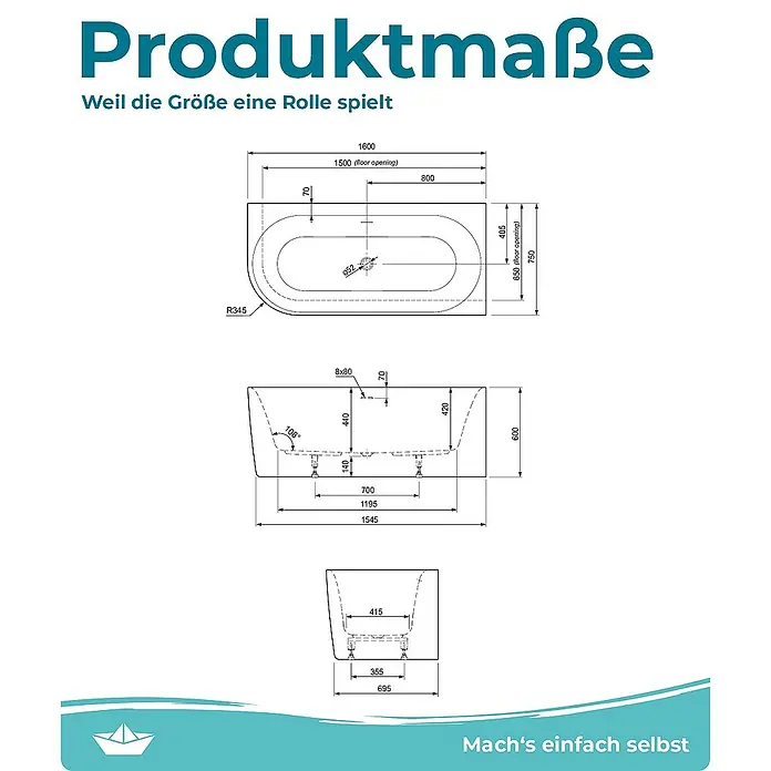 Calmwaters Freistehende Badewanne Seamless Comfort - Sanitäracryl, Weiß - Produktmaße: Technische Zeichnung einer Badewanne mit Maßen für Planung & Installation. Die Skizze zeigt Draufsicht, Seitenansicht & Querschnitt.