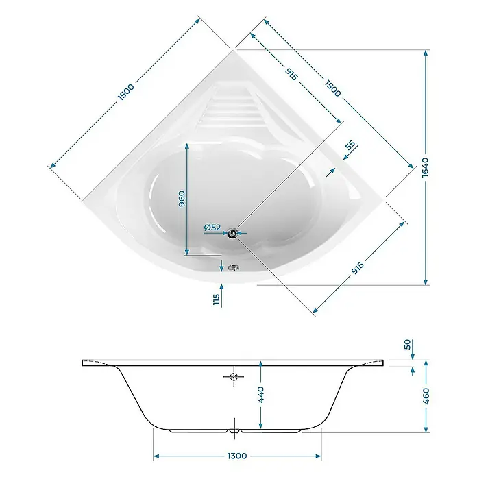Calmwaters Eckbadewanne Curved Wellness - L x B: 150 x 150 cm, Sanitäracryl, Weiß - Abbildung einer Eckbadewanne mit Maßangaben, die die Abmessungen und Details des Produkts veranschaulichen.