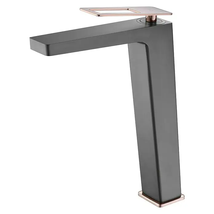 Imex Suecia Grifo de lavabo alto - Negro/Oro rosa - Elegante grifo monomando alto para lavabo en gris con detalles en oro rosa. Diseño moderno para baños con estilo, que llama la atención y mejora la estética.