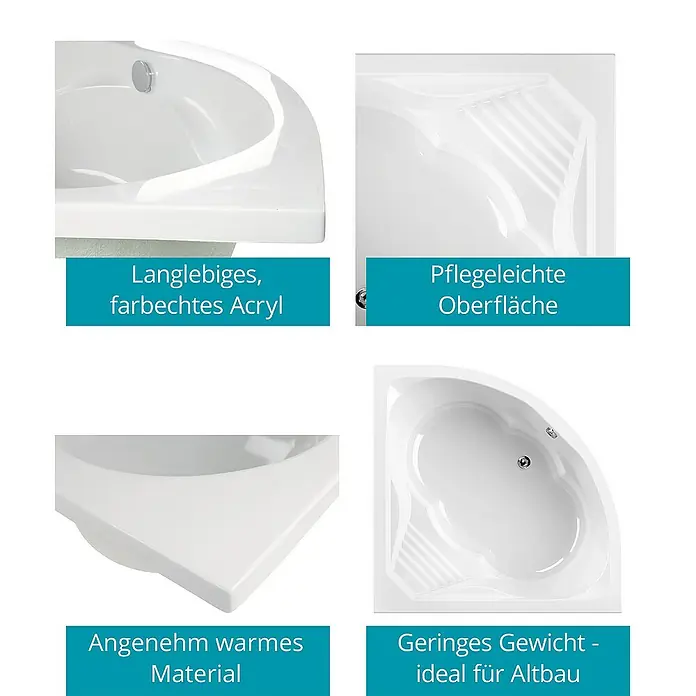 Calmwaters Eckbadewanne Curved Wellness - L x B: 150 x 150 cm, Sanitäracryl, Weiß - Eckbadewanne aus Acryl, langlebig, farbecht, pflegeleichte Oberfläche, angenehm warmes Material und geringes Gewicht, ideal für Altbau.