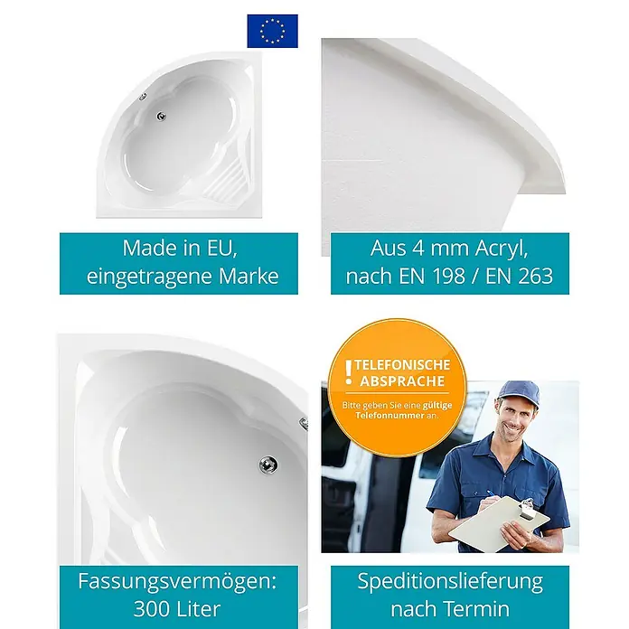 Calmwaters Eckbadewanne Curved Wellness - L x B: 150 x 150 cm, Sanitäracryl, Weiß - Produktabbildung: Eckbadewanne, hergestellt in der EU, Fassungsvermögen 300 Liter, aus 4 mm Acryl. Telefonische Absprache zur Speditionslieferung nach Termin.