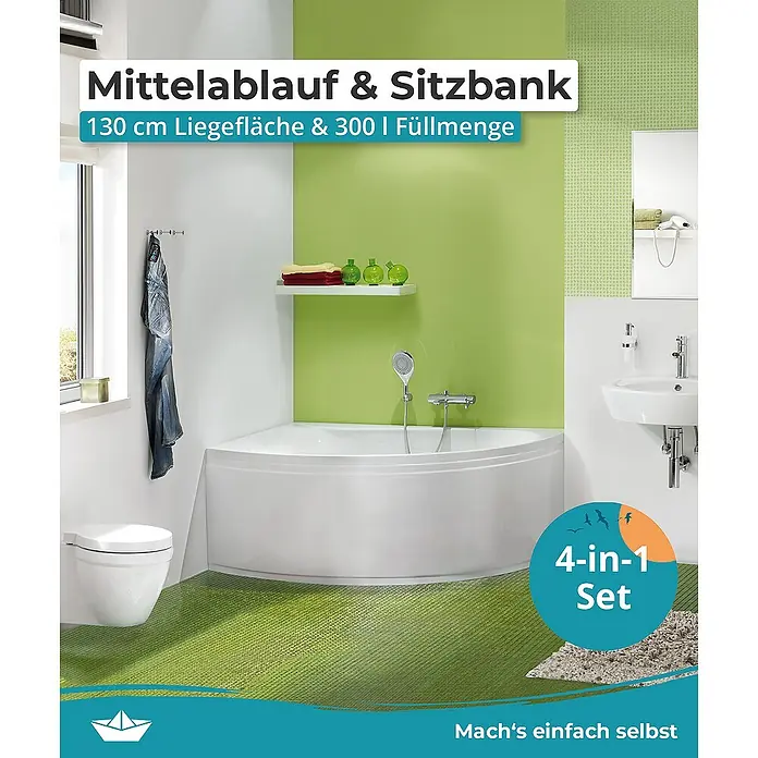 Calmwaters Eckbadewanne Curved Wellness - L x B: 150 x 150 cm, Sanitäracryl, Weiß - Badezimmer-Set mit Mittelablauf & Sitzbank: 130 cm Liegefläche & 300 l Füllmenge, 4-in-1 Set für ein stilvolles Bad.