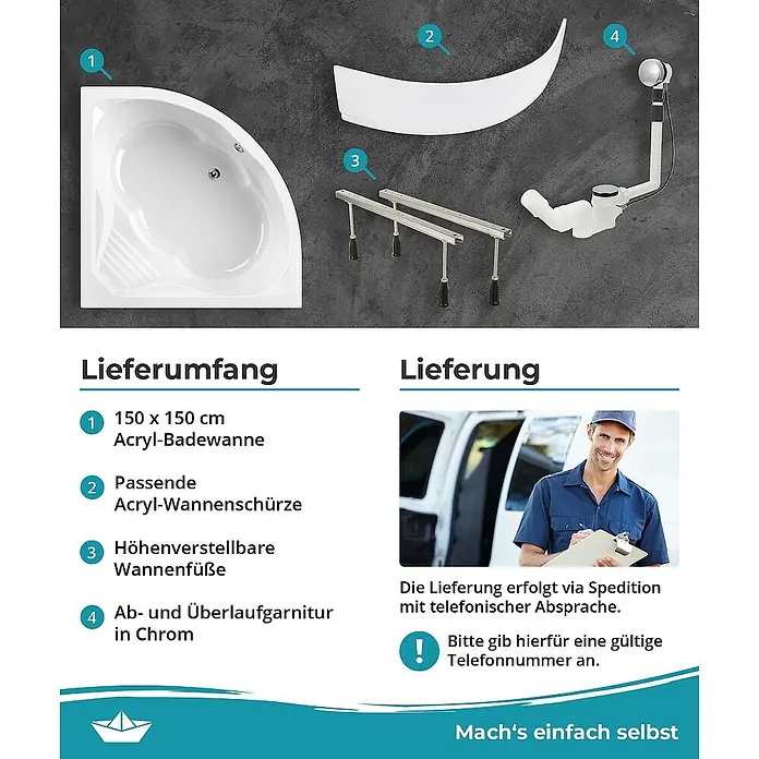 Calmwaters Eckbadewanne Curved Wellness - L x B: 150 x 150 cm, Sanitäracryl, Weiß - Das Bild zeigt eine Acryl-Eckbadewanne mit Zubehör wie einer Schürze, verstellbaren Füßen und einer Ab- und Überlaufgarnitur in Chrom.