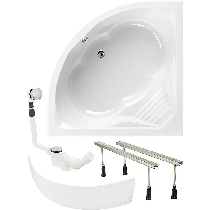 Calmwaters Eckbadewanne Curved Wellness - L x B: 150 x 150 cm, Sanitäracryl, Weiß - Hier ist eine Eckbadewanne in Weiß, zusammen mit Ablaufgarnitur, Füßen und Wannenschürze für eine einfache Installation.