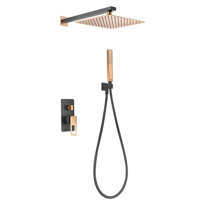 Imex Suecia Sistema de ducha empotrado - Con grifo monomando, Negro/Oro rosa - Cabezal de ducha cuadrado con teleducha y mezclador termostático en negro y cobre para un baño moderno.