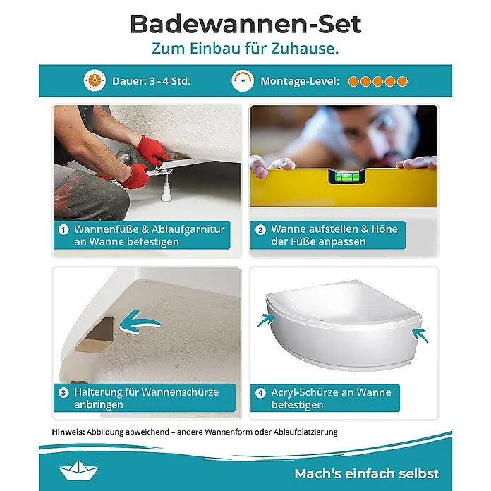 Calmwaters Eckbadewanne Curved Wellness - L x B: 150 x 150 cm, Sanitäracryl, Weiß - Bild zeigt ein Badewannen-Set zur Selbstmontage mit Hinweisen zu Dauer und Schwierigkeitsgrad.