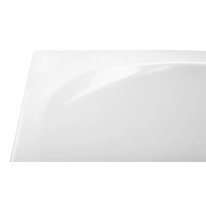 Calmwaters Eckbadewanne Curved Wellness - L x B: 150 x 150 cm, Sanitäracryl, Weiß - Nahaufnahme einer leeren, quadratischen, weißen Keramikplatte mit glänzender Oberfläche, ideal für stilvolle Speisenpräsentationen.