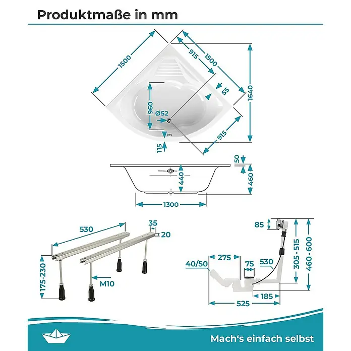 Calmwaters Eckbadewanne Curved Wellness - L x B: 150 x 150 cm, Sanitäracryl, Weiß - Produktmaßzeichnung eines Eckbadezimmers mit allen Maßen in mm und Zubehör für Installation mit detaillierten Zeichnungen.