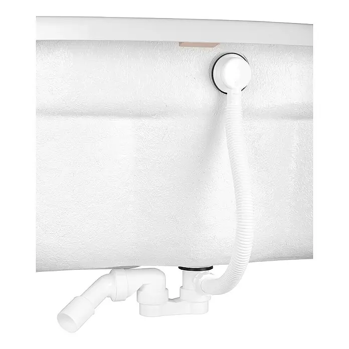 Calmwaters Eckbadewanne Curved Wellness - L x B: 150 x 150 cm, Sanitäracryl, Weiß - Detailaufnahme eines weißen Badewannenablaufsystems, das die Siphon- und Ablaufrohrkonstruktion zeigt.\n