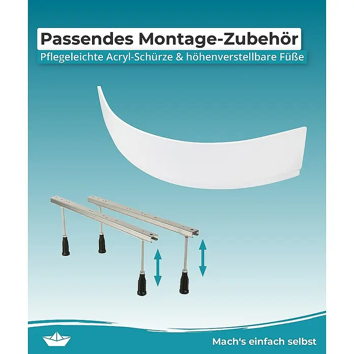 Calmwaters Eckbadewanne Curved Wellness - L x B: 150 x 150 cm, Sanitäracryl, Weiß - Bild einer Acryl-Schürze mit höhenverstellbaren Füßen. Passendes Montage-Zubehör für einfache Installation und Anpassung.