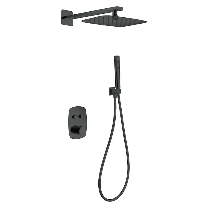Imex Sistema de ducha empotrado Hidra - Con grifo termostático, Negro - Elegante sistema de ducha negro con rociador, teleducha y válvula termostática para un baño moderno.