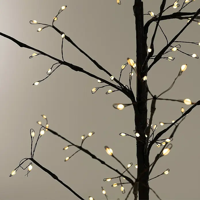 ECD Germany Künstlicher Weihnachtsbaum Leuchtbaum mit 240 LEDs inkl. Timer für Innen & Außen IP44 Warmweiß - Black, LED-Beleuchtung - Nahaufnahme eines dekorativen Leuchtbaums mit warmweißen LED-Lichtern an schwarzen Zweigen.