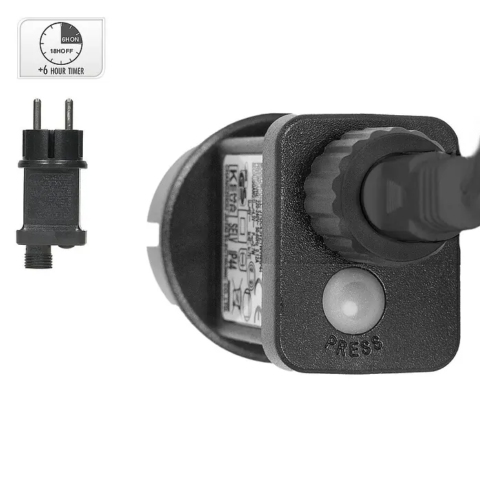 ECD Germany Künstlicher Weihnachtsbaum Leuchtbaum mit 240 LEDs inkl. Timer für Innen & Außen IP44 Warmweiß - Black, LED-Beleuchtung - Nahaufnahme eines schwarzen LED-Netzsteckers mit Timerfunktion und einer Anzeige für die Timer-Einstellungen.
