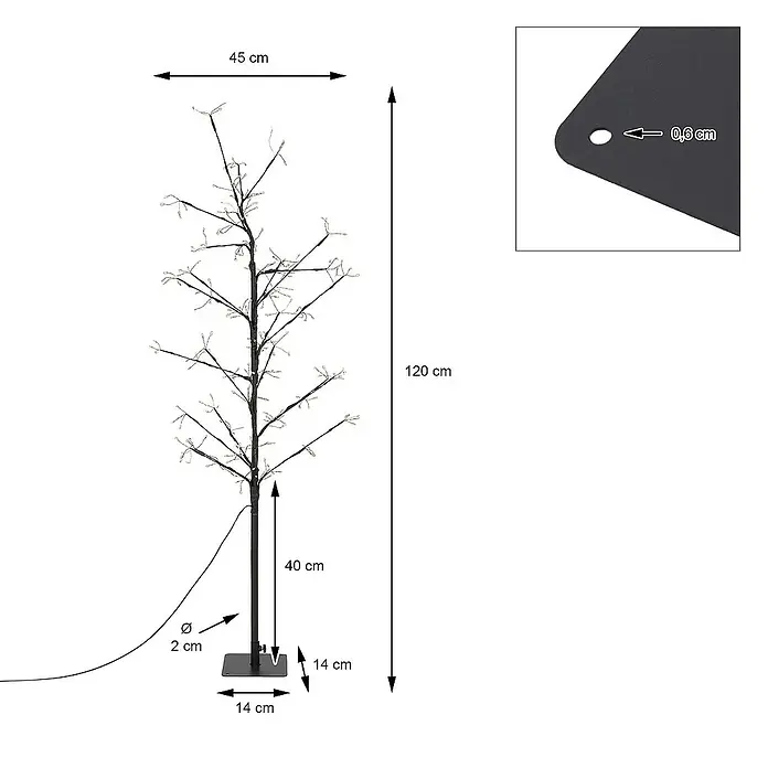 ECD Germany Künstlicher Weihnachtsbaum Leuchtbaum mit 240 LEDs inkl. Timer für Innen & Außen IP44 Warmweiß - Black, LED-Beleuchtung - Abbildung eines LED-Baums mit den Maßangaben 120cm Höhe und 45cm Breite sowie Details zum Standfuß.