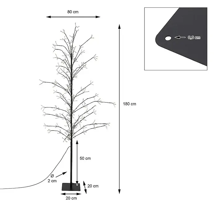 ECD Germany Künstlicher Weihnachtsbaum Leuchtbaum mit 480 LEDs inkl. Timer für Innen & Außen IP44 Warmweiß - Höhe: 180 cm, Black, LED-Beleuchtung - Abbildung einer LED-Dekobaum-Leuchte mit den zugehörigen Maßen, wie Höhe 180 cm und Breite 80 cm, für den Innenbereich.