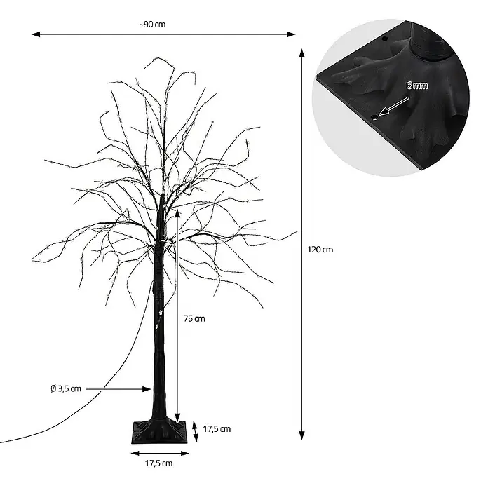 ECD Germany Künstlicher Weihnachtsbaum Leuchtbaum mit 480 LEDsfür Innen & AußenWarmweiß - Höhe: 120 cm, Black, LED-Beleuchtung - Abbildung eines dekorativen LED-Baums mit Maßen für Höhe, Breite und Basis, ideal für stimmungsvolle Beleuchtung.