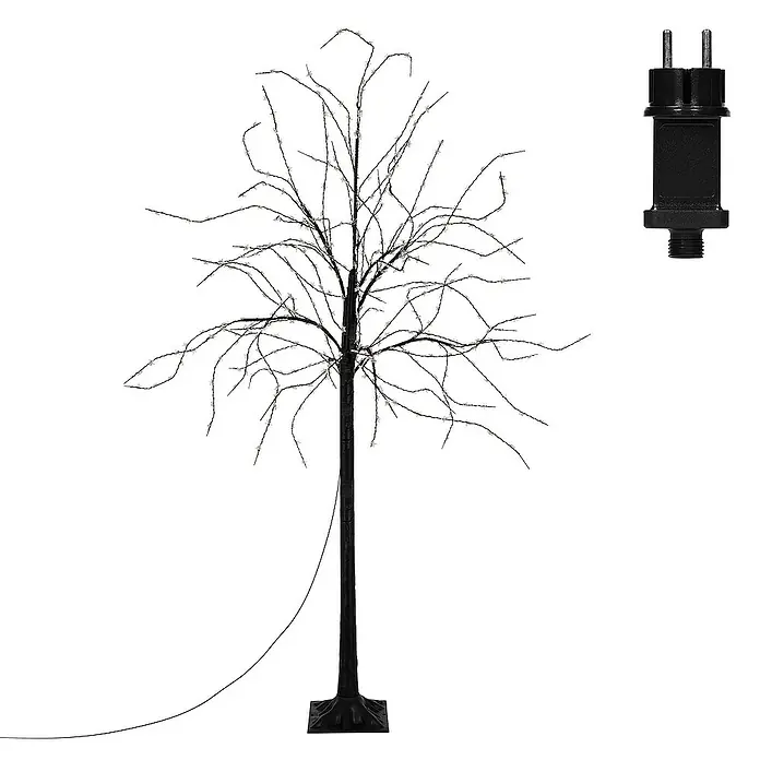 ECD Germany Künstlicher Weihnachtsbaum Leuchtbaum mit 600 LEDsfür Innen & AußenWarmweiß - Höhe: 150 cm, Black, LED-Beleuchtung - Das Bild zeigt einen dekorativen LED-Baum mit schwarzem Stamm und Ästen, sowie ein dazugehöriges schwarzes Netzteil.