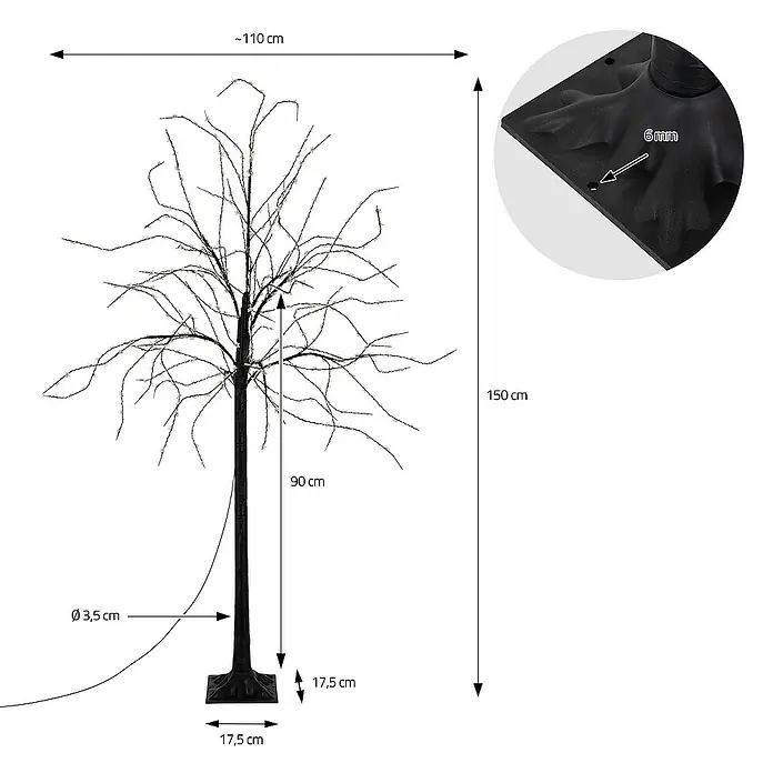 ECD Germany Künstlicher Weihnachtsbaum Leuchtbaum mit 600 LEDsfür Innen & AußenWarmweiß - Höhe: 150 cm, Black, LED-Beleuchtung - Abbildung eines dekorativen LED-Baums mit den Maßen Höhe 150 cm, Breite ca. 110 cm und einem Fuß von 17,5 x 17,5 cm.