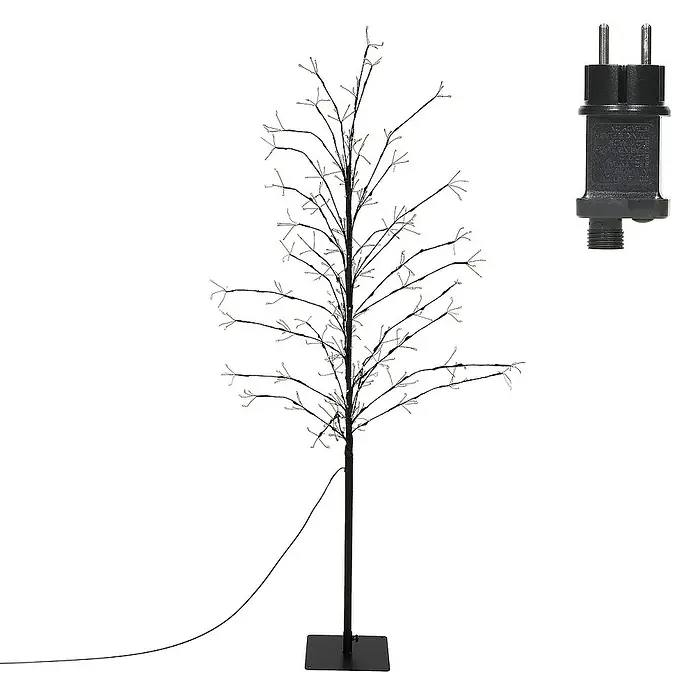 ECD Germany Künstlicher Weihnachtsbaum Leuchtbaum mit 360 LEDs inkl. Timer für Innen & Außen IP44 Warmweiß - Höhe: 150 cm, Black, LED-Beleuchtung - Abbildung eines beleuchteten Deko-Baums und eines passenden Netzsteckers. Der Baum ist beleuchtet und hat ein minimalistisches, modernes Design.