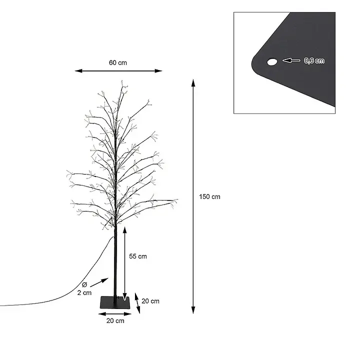 ECD Germany Künstlicher Weihnachtsbaum Leuchtbaum mit 360 LEDs inkl. Timer für Innen & Außen IP44 Warmweiß - Höhe: 150 cm, Black, LED-Beleuchtung - Abbildung einer dekorativen LED-Baumleuchte mit Abmessungen, ideal für stimmungsvolle Innenräume.