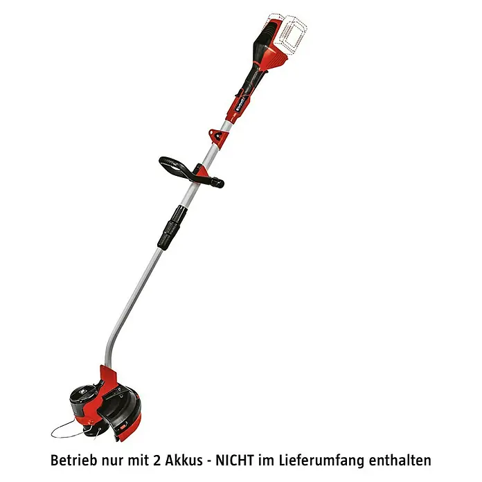 Einhell Power X-Change 18V Akku-Rasentrimmer GE-CT 36/30 Li E-Solo - 36 V, Ohne Akku - Das Bild zeigt einen Einhell Akku-Rasentrimmer, ein Gartengerät zum Schneiden von Gras, mit einem roten Motor und einem silbernen Schaft.