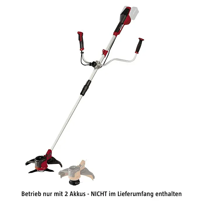 Einhell Power X-Change 18V Akku-Motorsense 36/255 BL-SOLO - 36 V, Li-Ionen, Ohne Akku - Ein roter und silberner Einhell Akku-Rasentrimmer mit verstellbarem Griff und Trimmerkopf. Ideal für Rasenpflege und präzise Kantenschnitte.