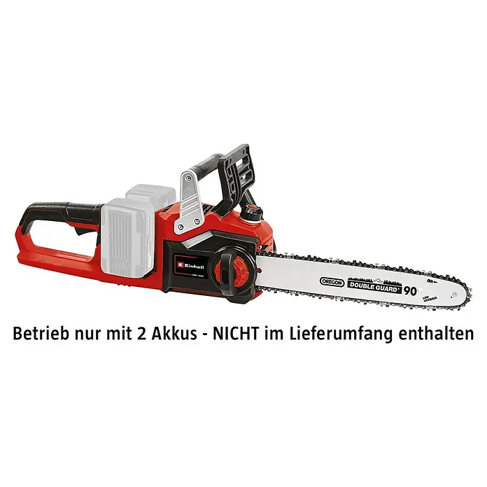 Einhell Professional Akku-Kettensäge GP-LC 36/35 Li-Solo - 36 V, Ohne Akku, Schwertlänge: 35 cm - Das Bild zeigt eine rote Einhell Akku-Kettensäge mit Oregon-Schwert. Die Kettensäge ist scharf und einsatzbereit für Holzarbeiten.