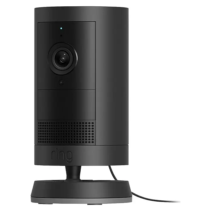 Ring Außenkamera Plus (Plug) - 2.048 x 1.536 Pixel (2K-HD), Schwarz - Das Bild zeigt eine Ring Stick Up Cam in Schwarz, eine vielseitige Sicherheitskamera für den Innen- und Außenbereich.