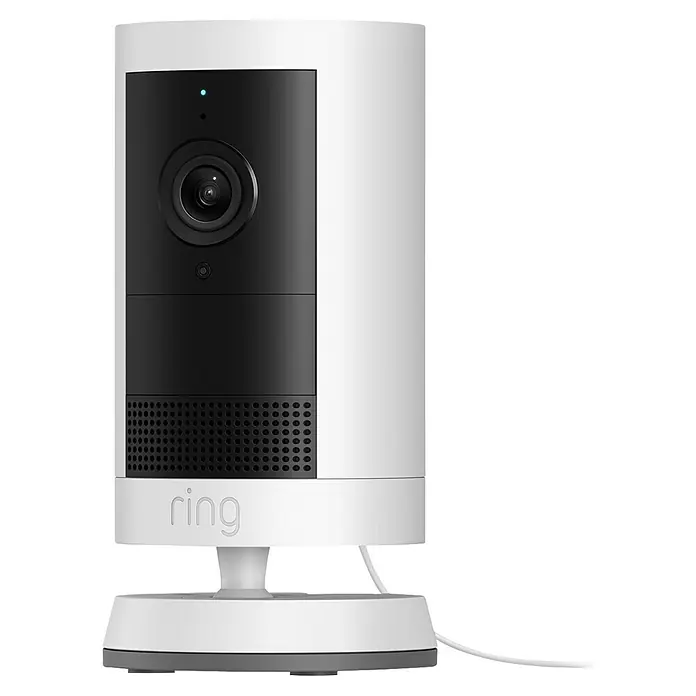 Ring Außenkamera Plus (Plug) - 2.048 x 1.536 Pixel (2K-HD), Weiß - Das Ring Stick Up Cam Sicherheitsgerät in Weiß mit schwarzer Blende bietet Überwachung und Sicherheit für Ihr Zuhause.