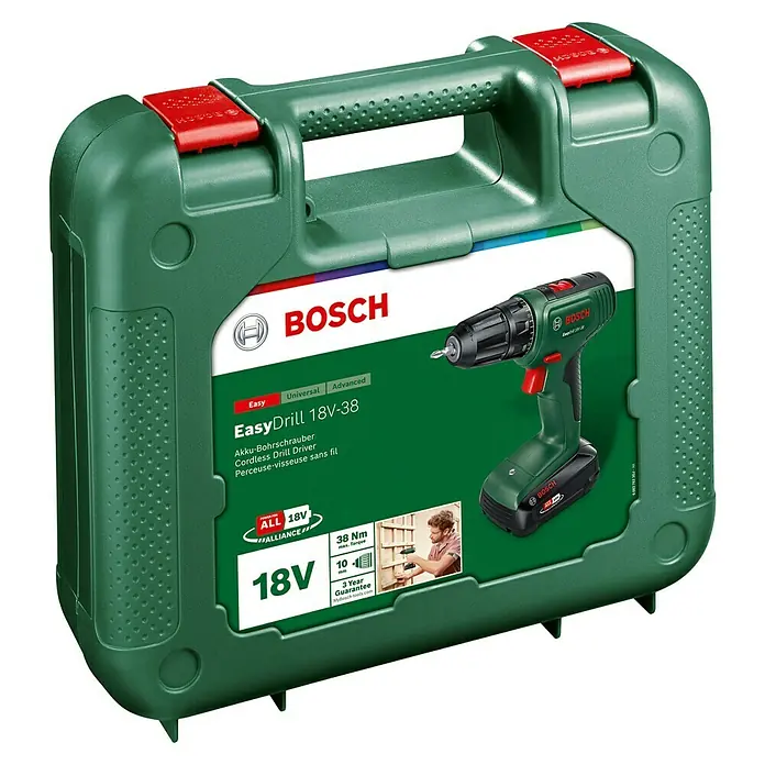 Bosch Power for All 18V Akku-Bohrschrauber EasyDrill 18V-38 - 18 V, 1 Akku, 2 Ah, 38 Nm - Abbildung eines Bosch EasyDrill 18V-38 Akku-Bohrschraubers im grünen Koffer mit rotem Verschluss für den einfachen Transport.