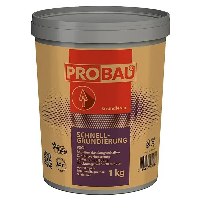 Probau Grundierung Schnell - 1 kg - Dose Probau Schnellgrundierung PSG1, 1 kg, für Wand und Boden, reguliert Saugverhalten und verbessert die Haftung. Trocknungszeit 5-30 Minuten.