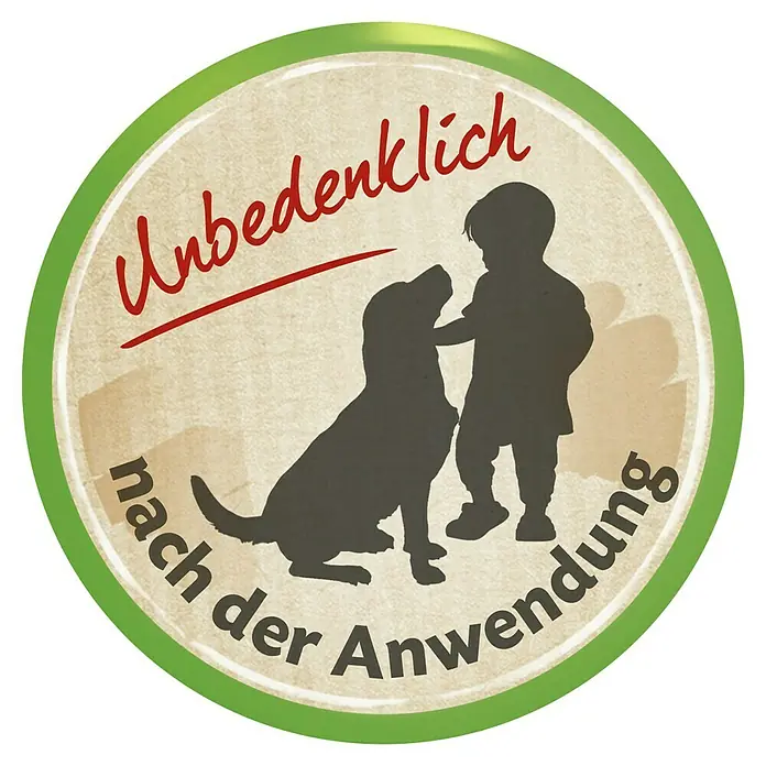 Compo Bio-Gartendünger Organisch - 5 kg - Logo mit Hund, Kind und dem Text "Unbedenklich nach der Anwendung" in Rot, eingebettet in einem grünen Kreis.
