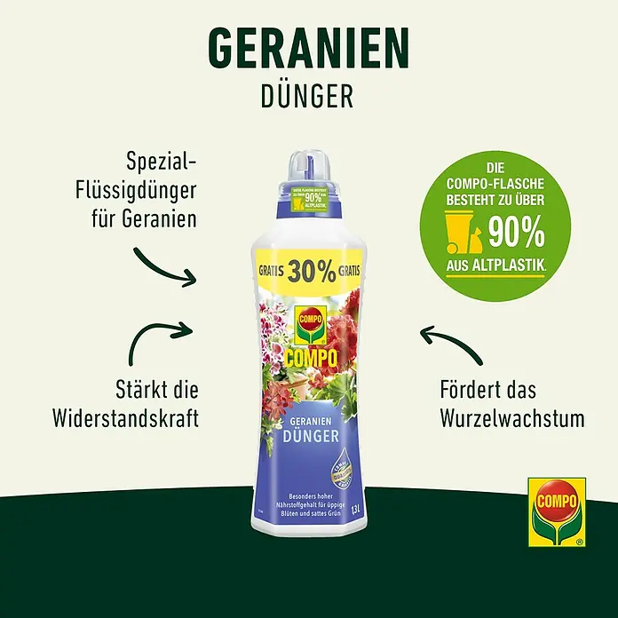 Compo Geraniendünger - 1,3 l - COMPO Geraniendünger: Spezial-Flüssigdünger für Geranien, stärkt die Widerstandskraft und fördert das Wurzelwachstum. Flasche aus über 90% Altplastik.