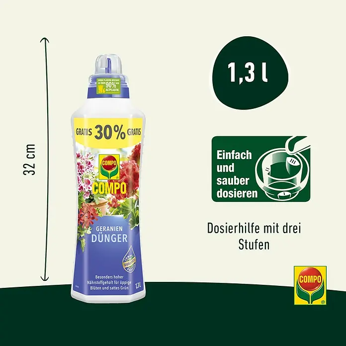 Compo Geraniendünger - 1,3 l - Abbildung einer 1,3L Flasche COMPO Geraniendünger, die eine einfache und saubere Dosierung für üppige Blüten und sattes Grün verspricht.