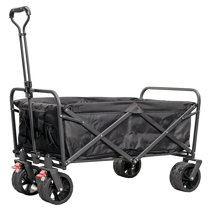 Faltbarer Bollerwagen - L x B x H: 102 x 66 x 76 cm, Belastbarkeit: 60 kg - Hier ist ein detailreiches Bild eines schwarzen Faltwagens mit Griff und robusten Rädern, ideal für den Transport von Gegenständen.