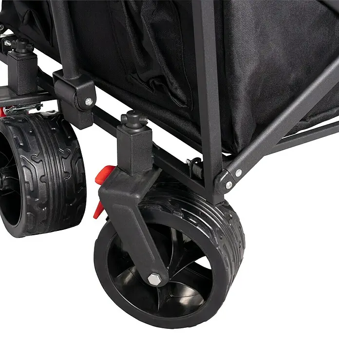 Faltbarer Bollerwagen - L x B x H: 102 x 66 x 76 cm, Belastbarkeit: 60 kg - Detailansicht eines schwarzen Bollerwagens mit robusten Rädern und Feststellbremse, ideal für den Transport im Freien.